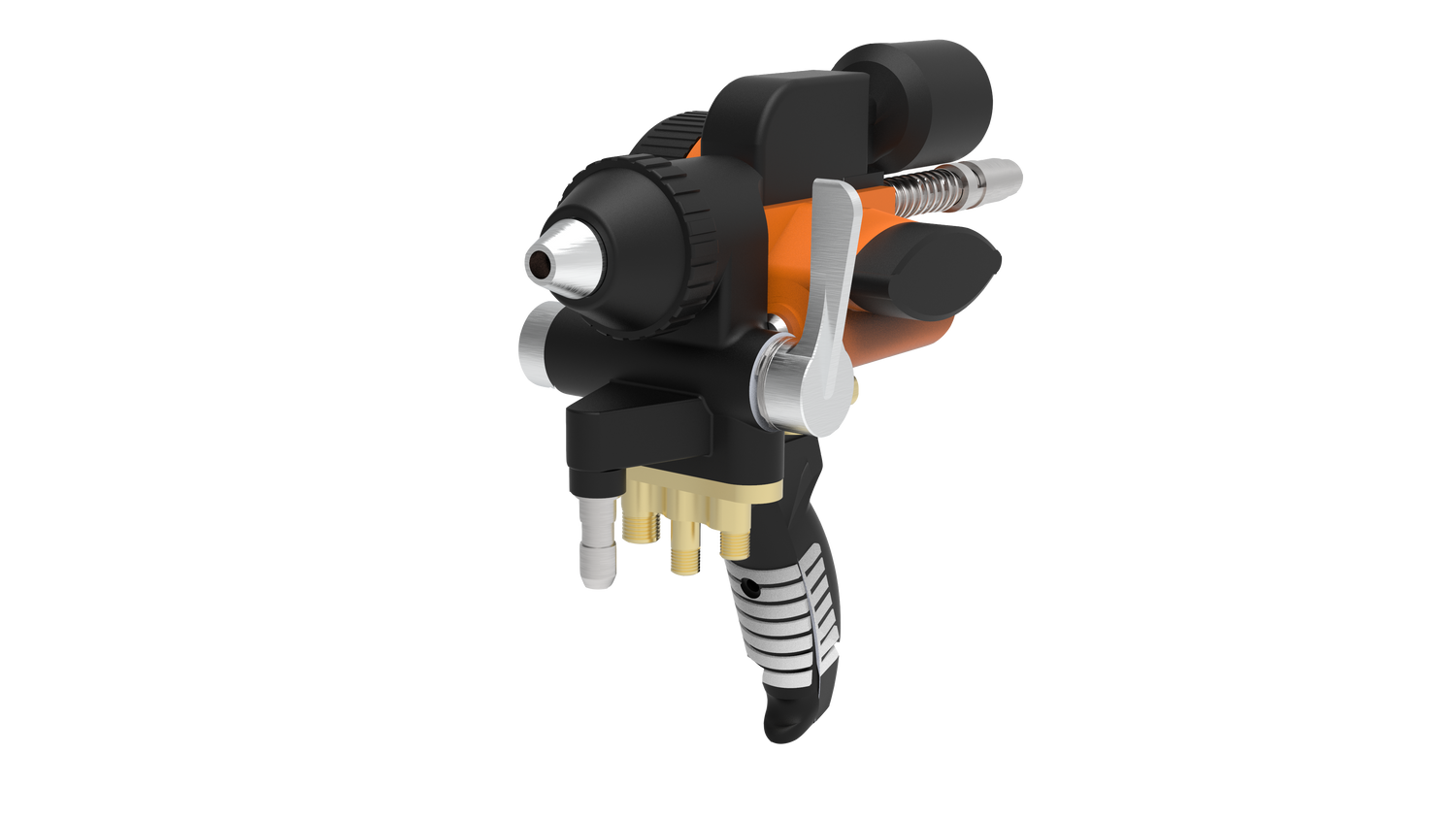 A14P thermal spray torch with a sleek design, featuring a push trigger for starting and stopping the wire feeding process. Ideal for handling both low and high melting point wires in thermal spray coating applications.